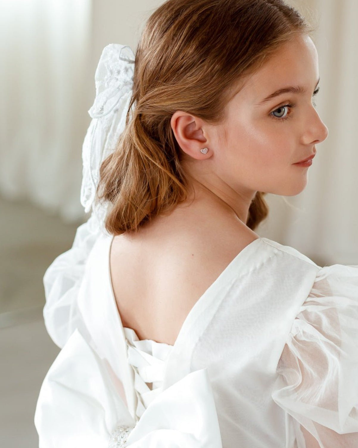 Christa White luxury girl dress puff sleeves