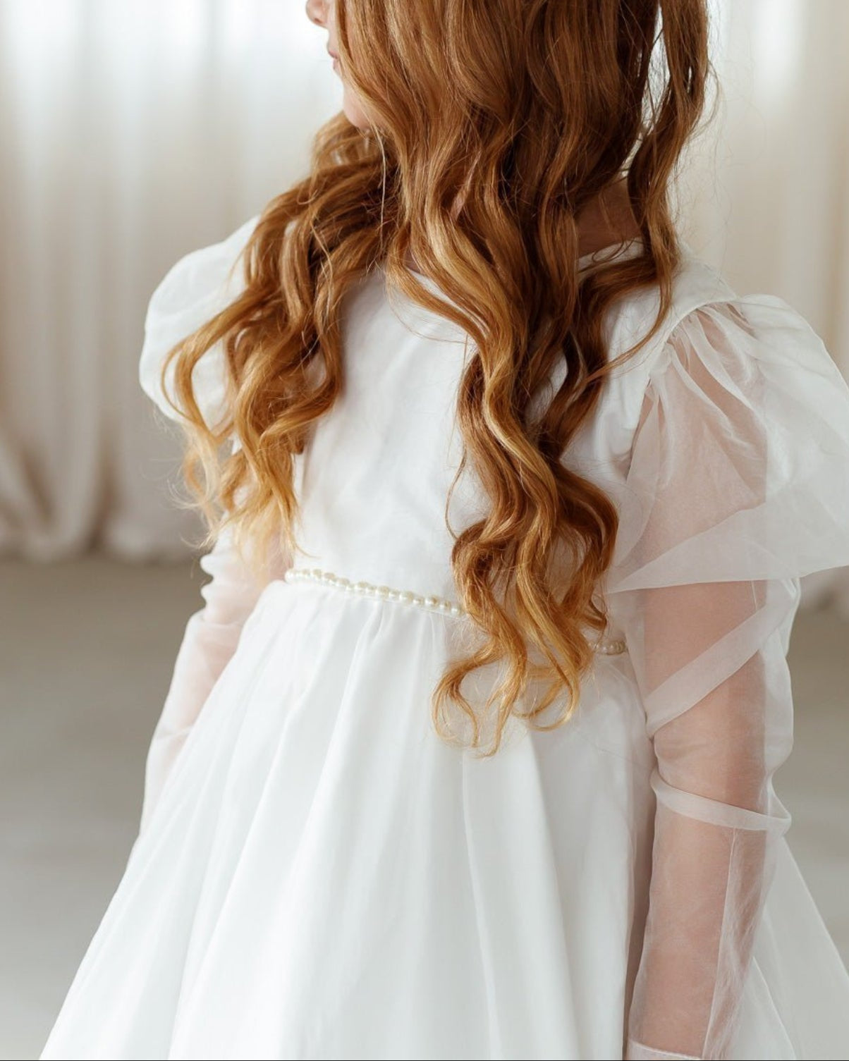 Christa white luxury flower girl dress puff sleeves