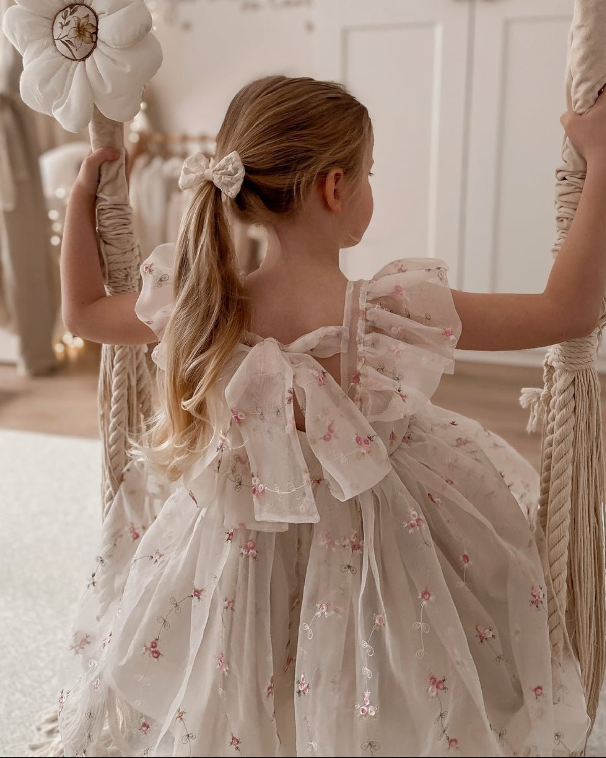 Flora embroidered beige organza dress