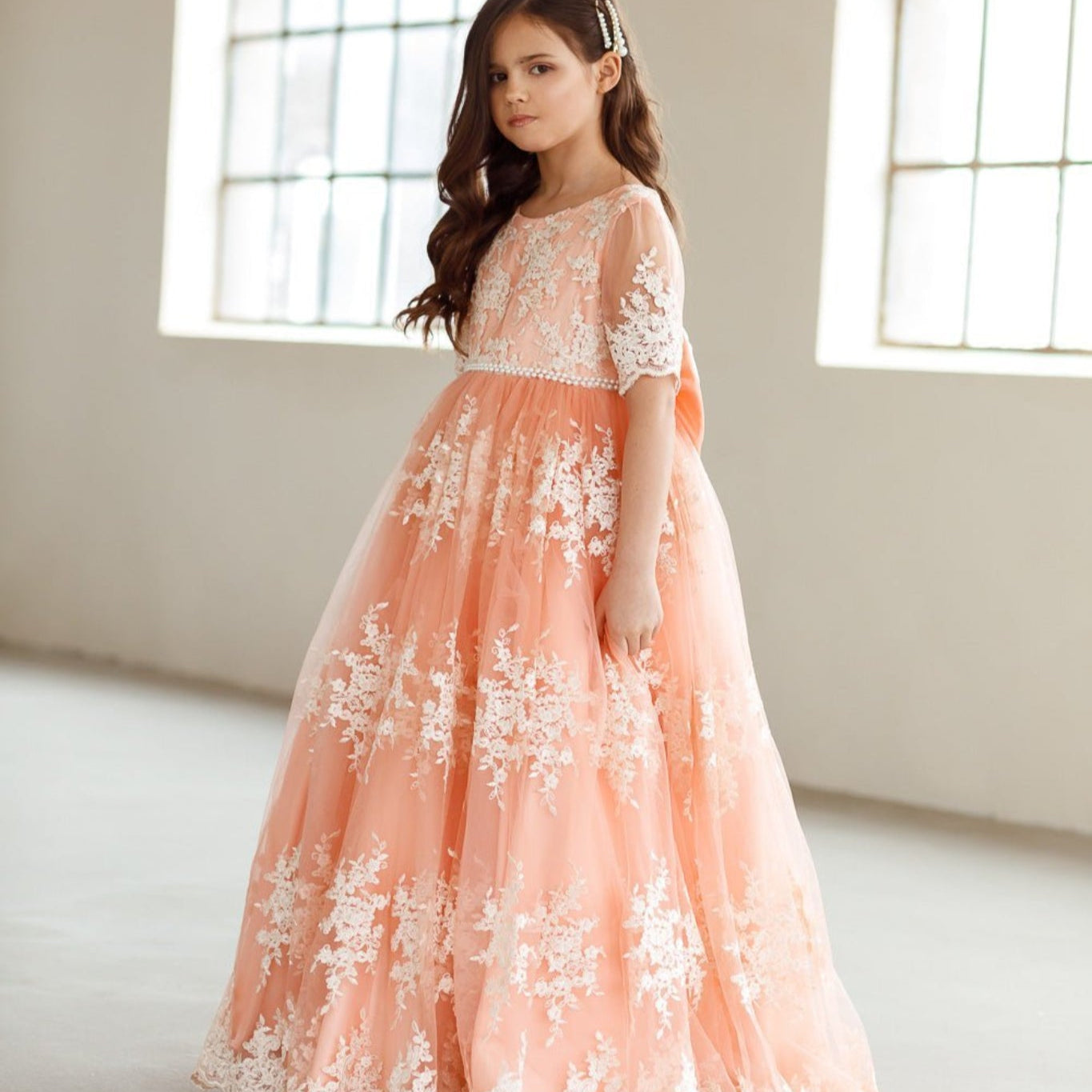 Mary embroidered peach flower girl dress