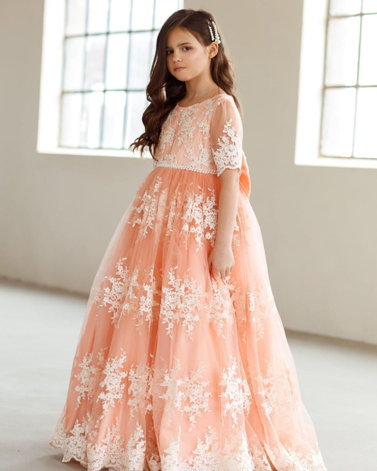 Mary embroidered peach flower girl dress