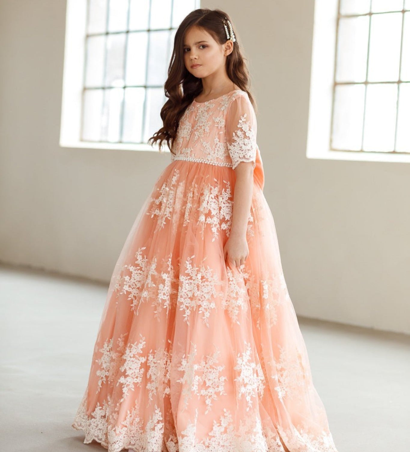 Mary embroidered peach flower girl dress