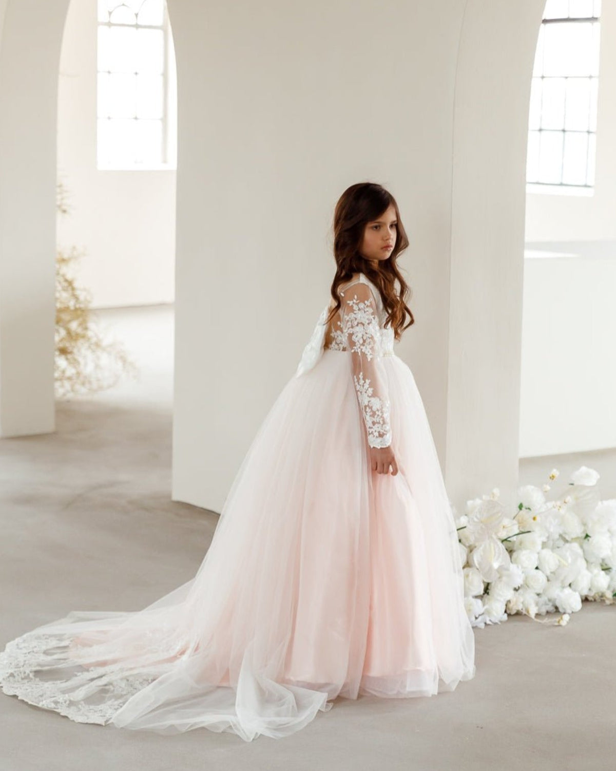 Pink white flower girl dress embroidered trail
