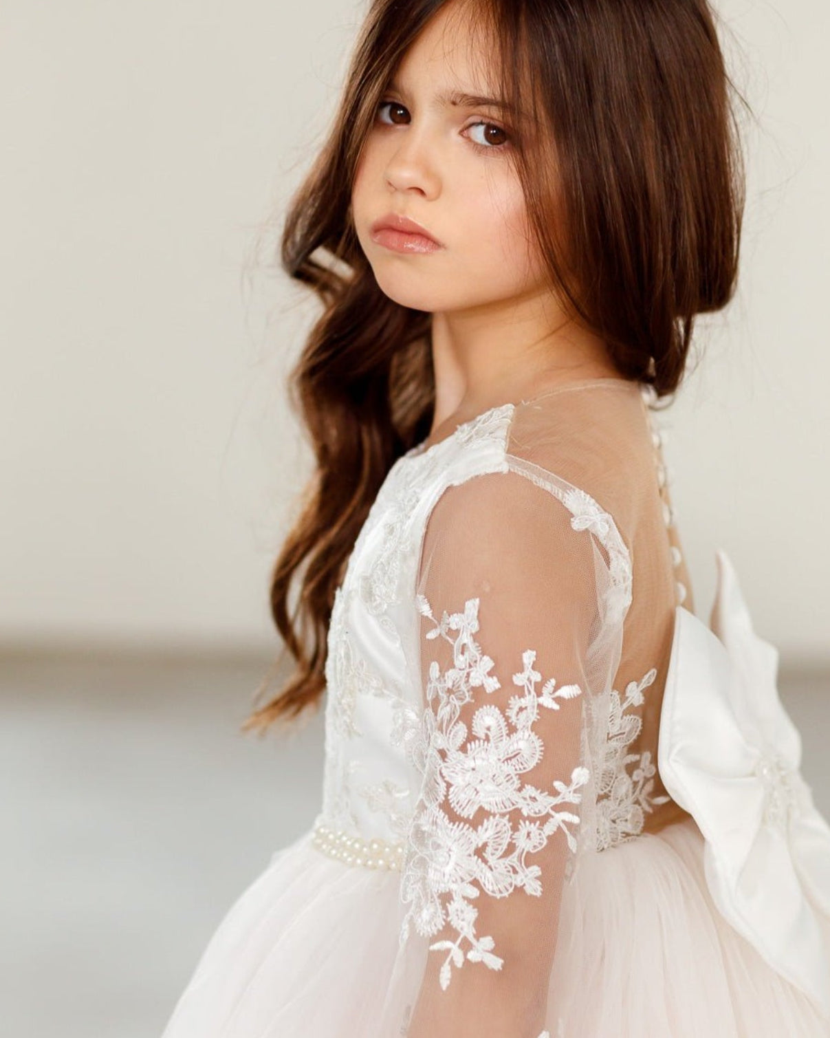 Pink white flower girl dress embroidered trail