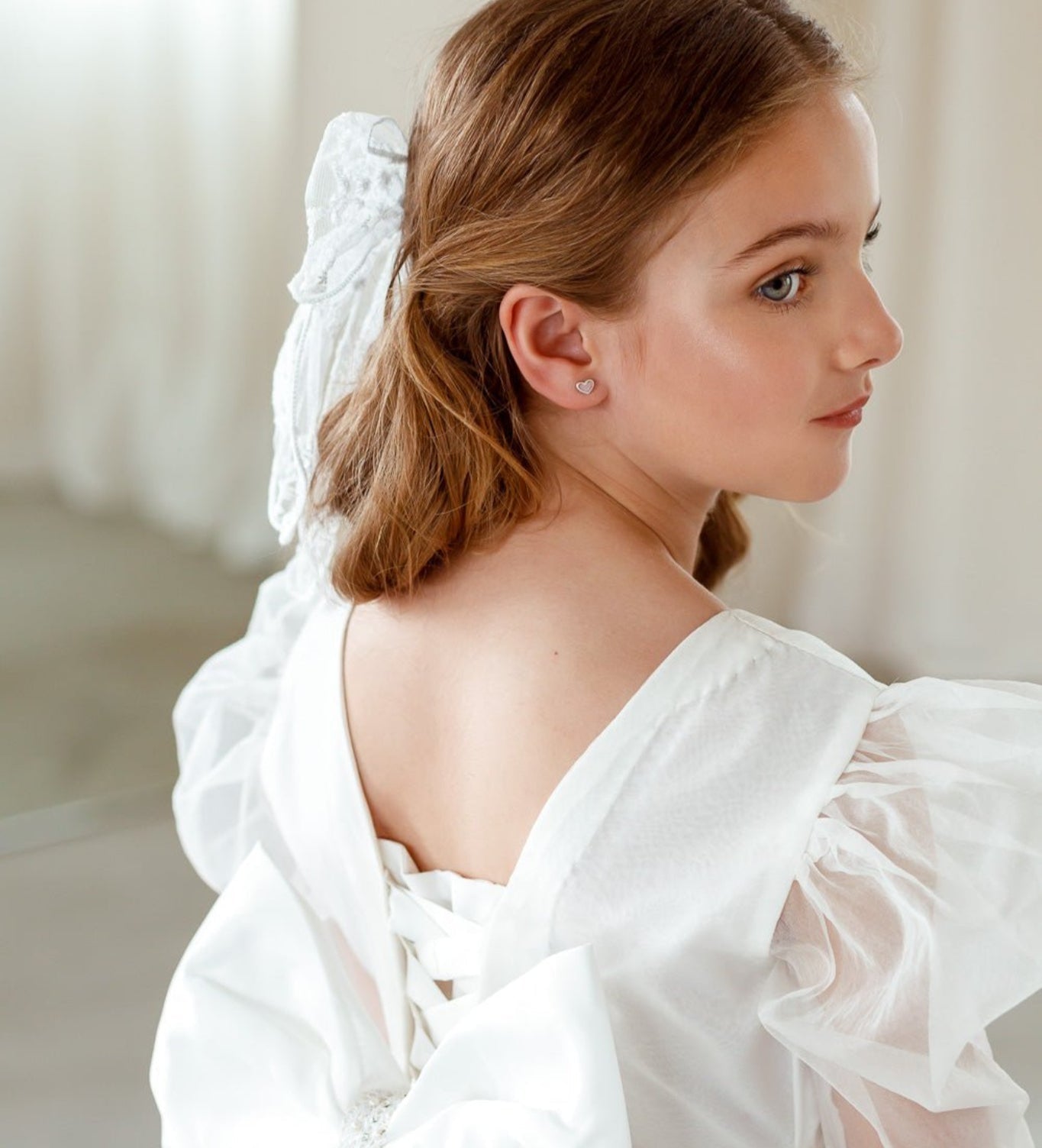 Christa White luxury girl dress puff sleeves