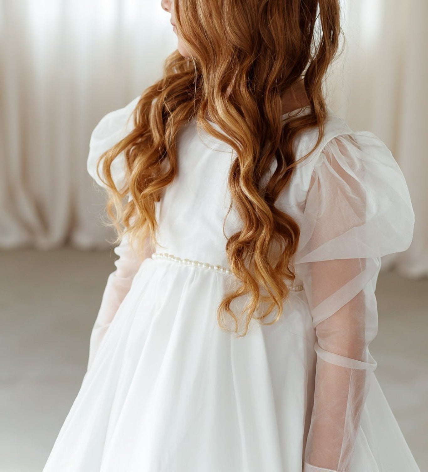 Christa white luxury flower girl dress puff sleeves