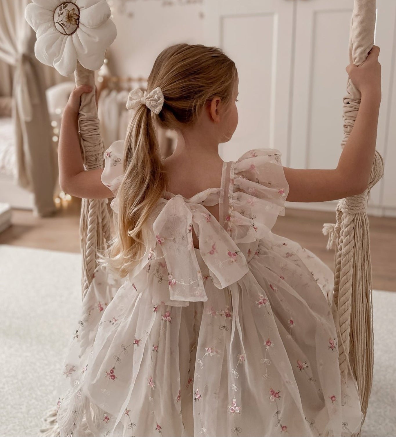 Flora embroidered beige organza dress