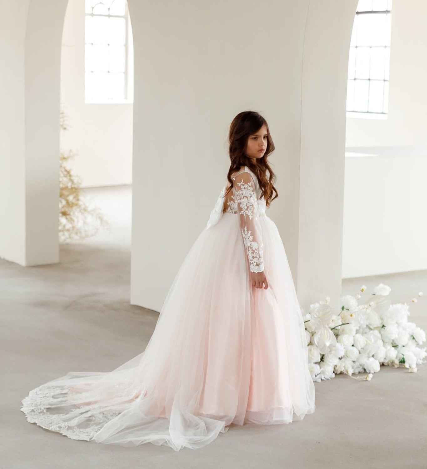 Pink white flower girl dress embroidered trail