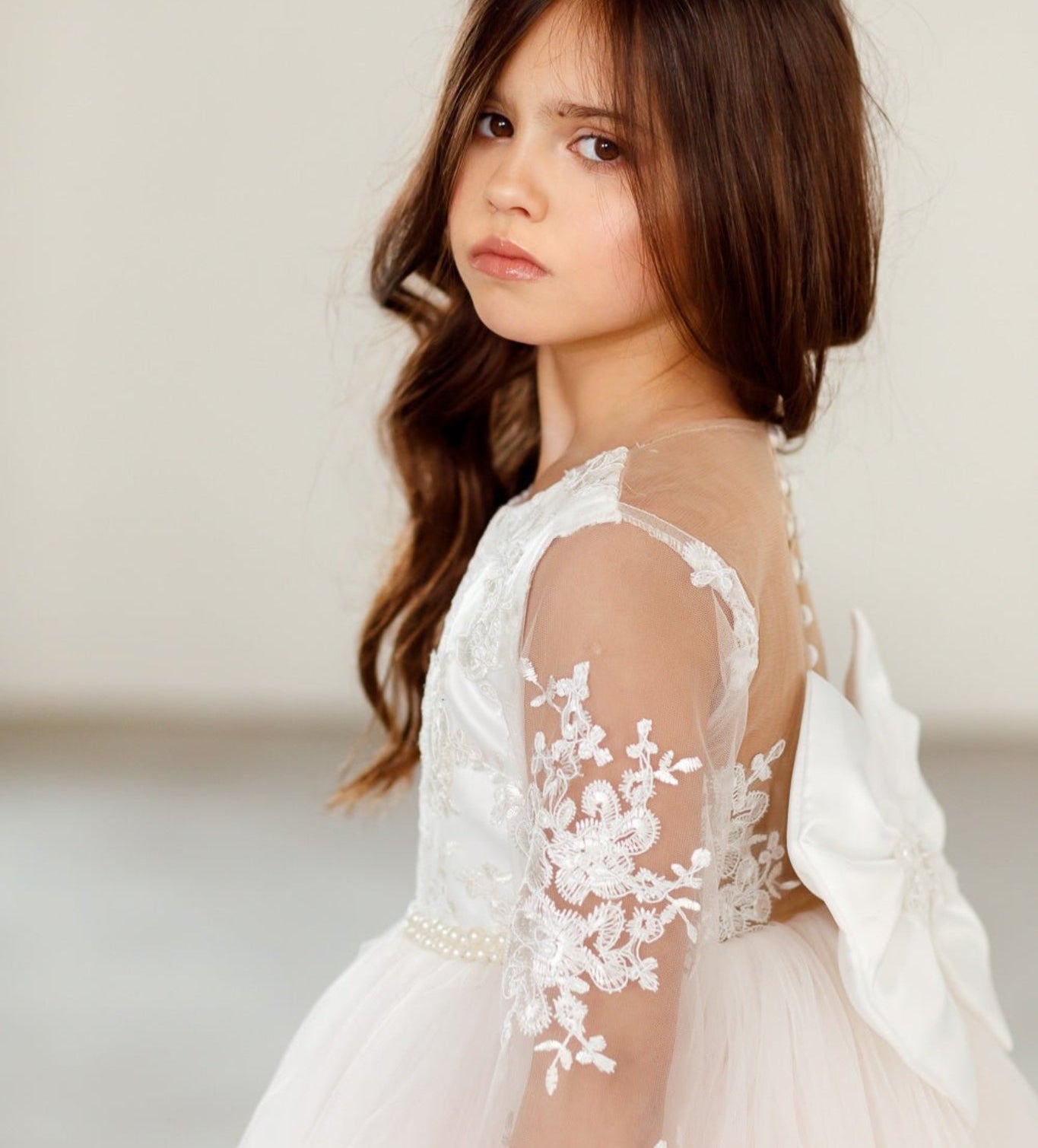 Pink white flower girl dress embroidered trail